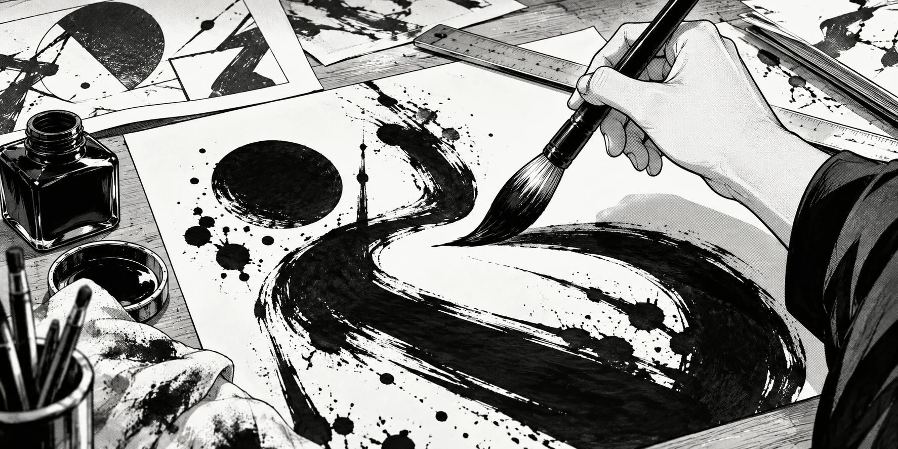 黑白漫画：画笔在纸上绘出大幅墨色线条