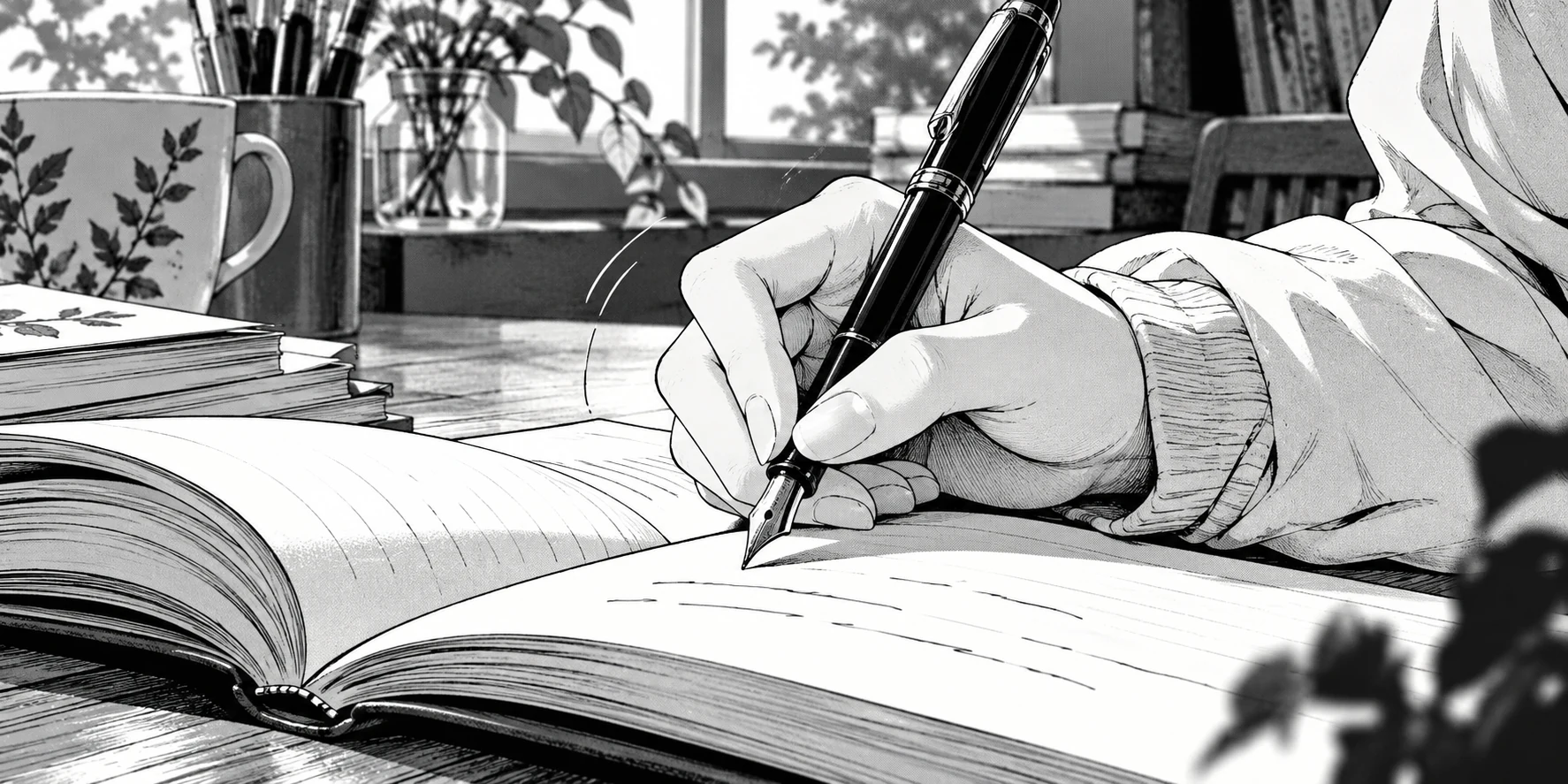 黑白漫画：手握钢笔在翻开的笔记本上书写