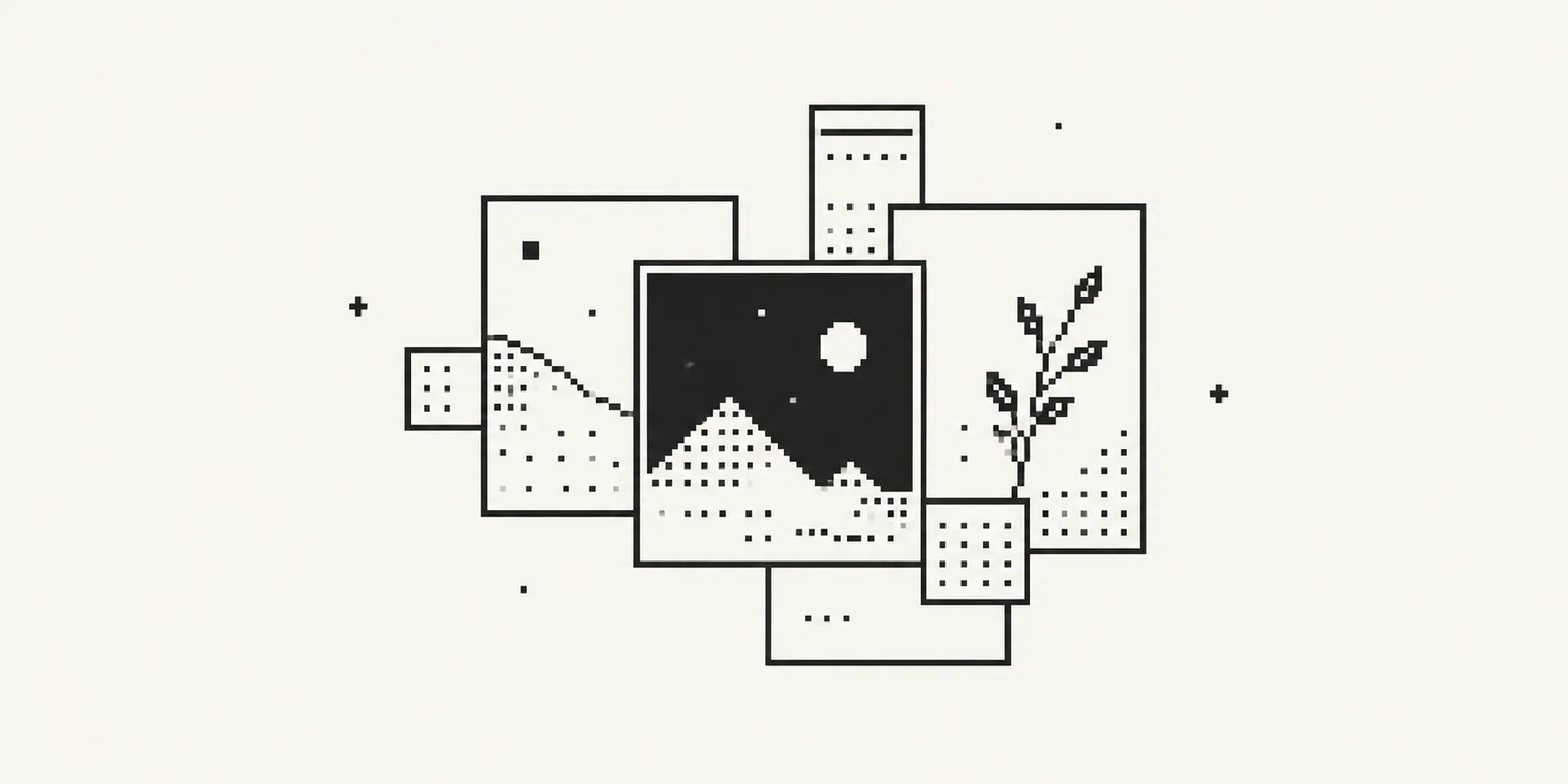 极简像素插图：层叠的作品画框与植物图形